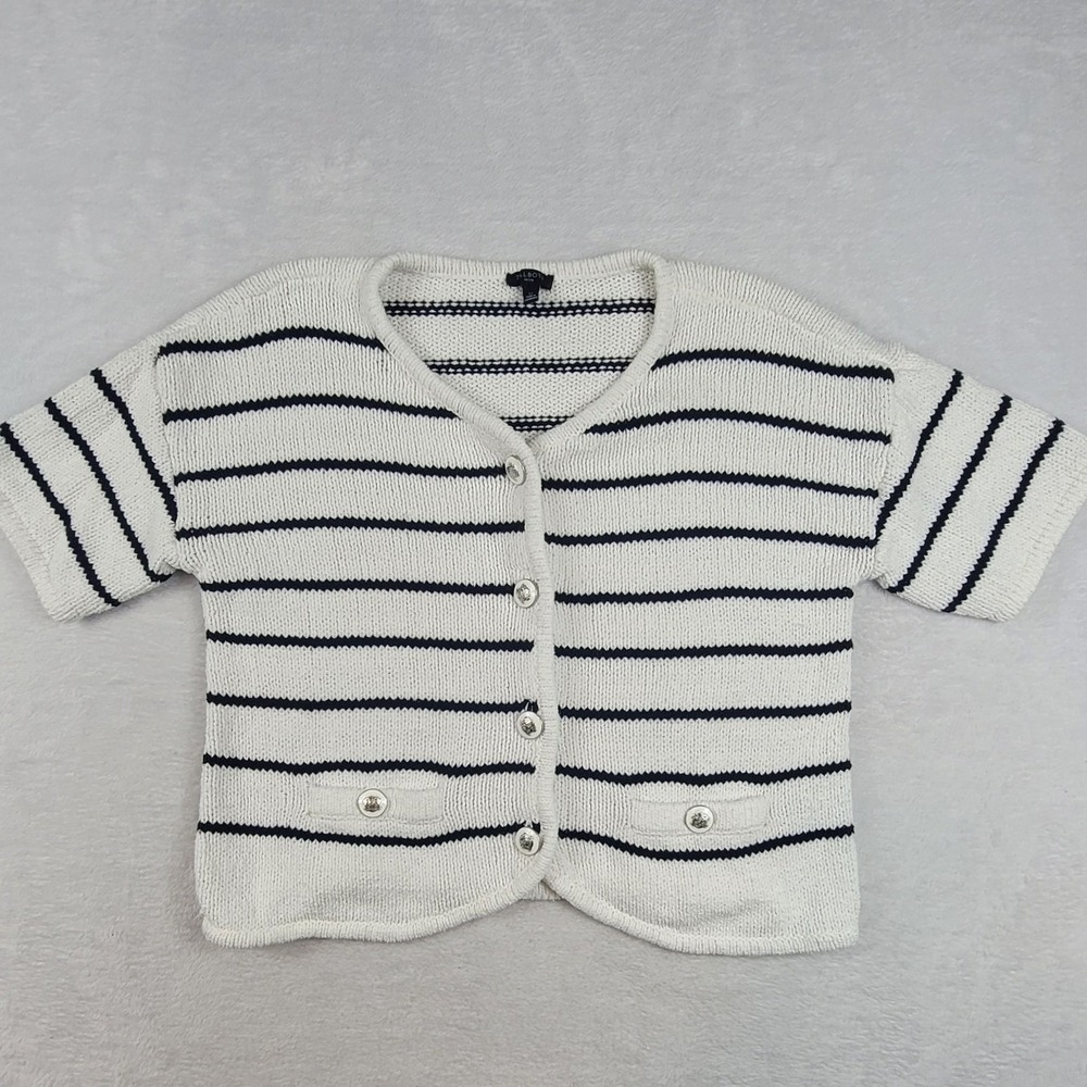 Talbots Petite Short Sleeve Cardigan Sweater White Navy Blue Striped LP Large P